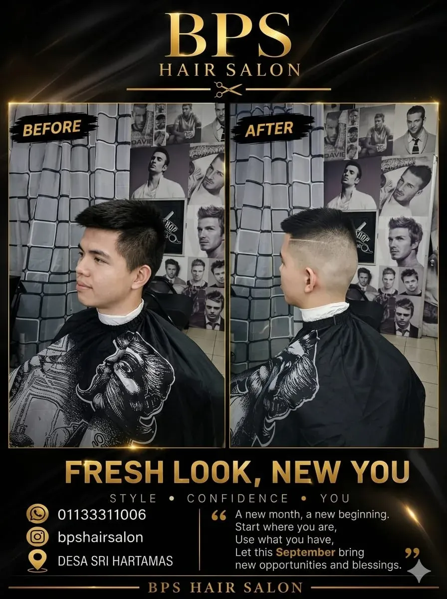 Before-and-after poster of a fresh cut at BPS Hair Salon