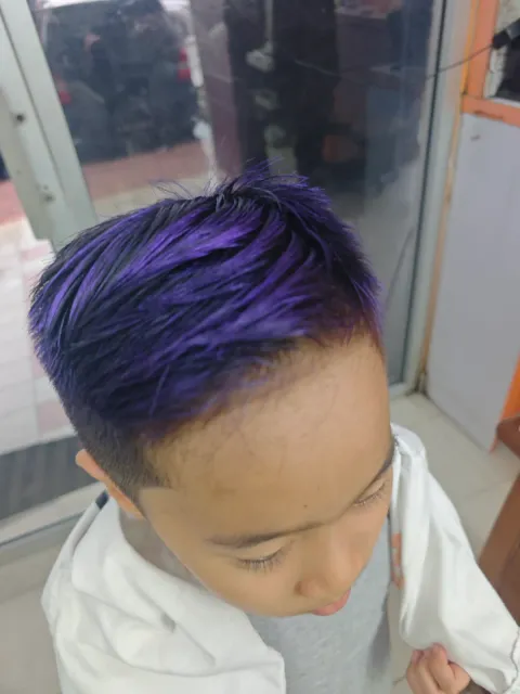 Boy's cut with violet hair colour
